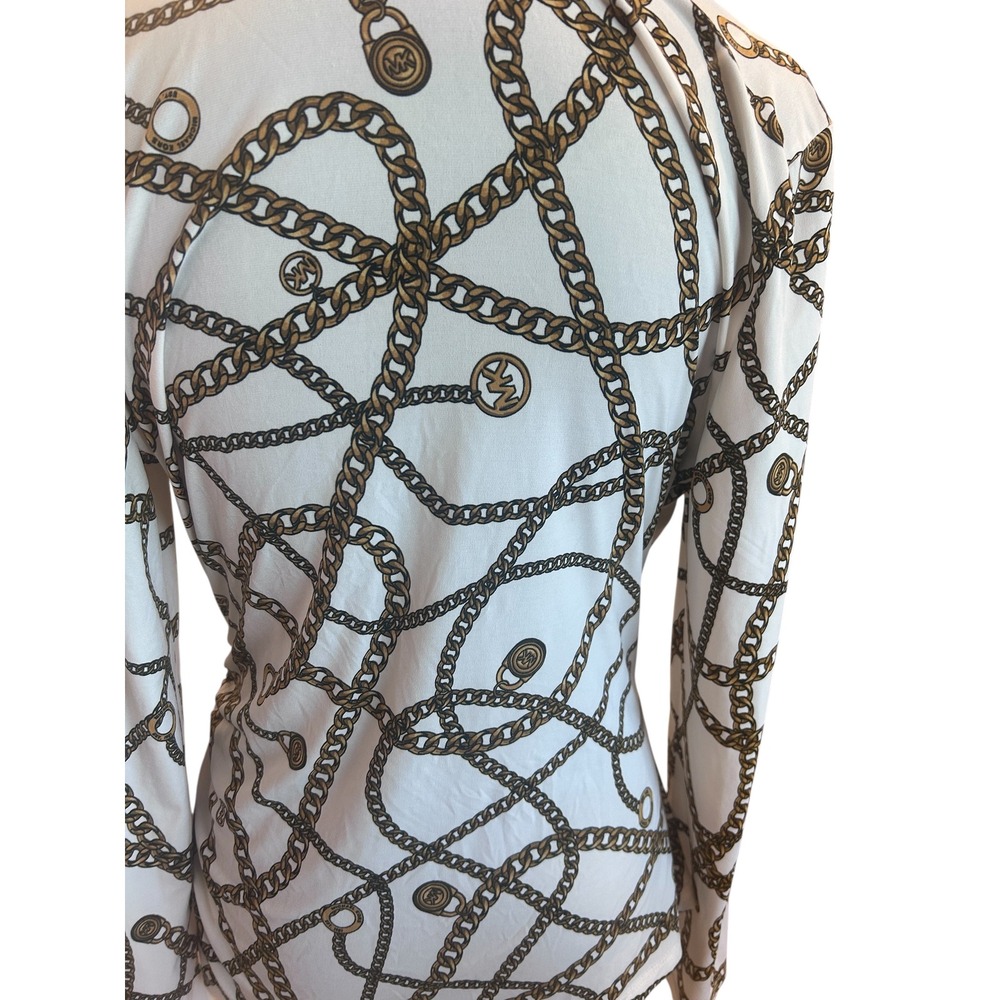 Michael Michael Kors Womens White Chain Print V Neck Jersey Blouse Large - Picture 7 of 9